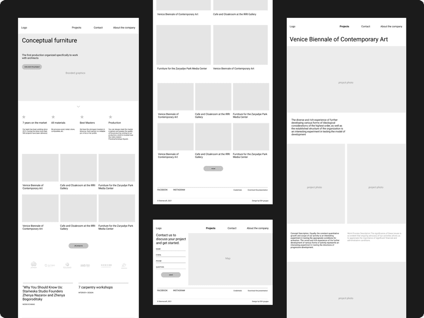 Wireframes from the Stameska website project by ESH gruppa