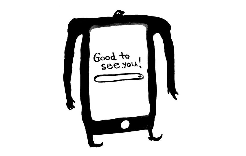 Black-and-white illustration of a frightening dark figure shaped like a mobile phone, displaying a ChatGPT-like interface with a welcome screen reading “Good to see you.”