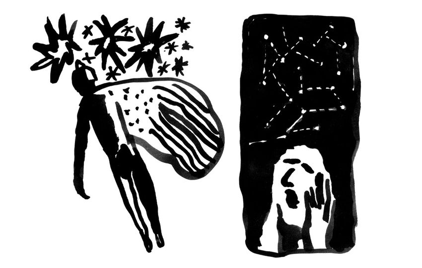 Black-and-white ink illustration: on the left, a person flies toward the stars on a single wing; on the right, a portrait of a person against a background of constellations, with a look of horror.