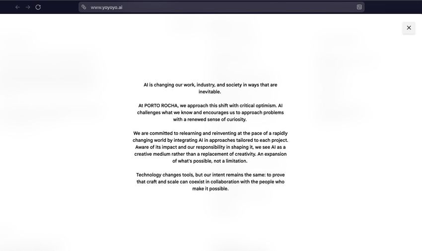 Porto Rocha’s AI Statement, presented as a modal window on the YOYOYO website, 2026.